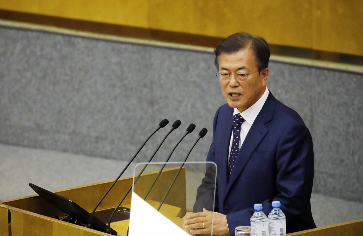 ▲러시아를 국빈방문 중인 문재인 대통령이 21일 오후 러시아 모스크바 하원을 방문해 연설하고 있다.(연합뉴스)