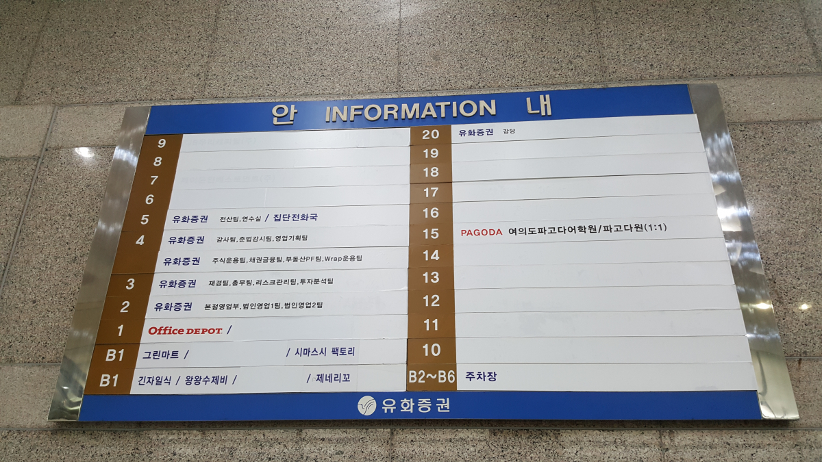 ▲여의도에 위치한 유화증권빌딩 안내판. 전체 20층의 건물 중 13개층이 비어있다. 건물을 소유한 유화증권이 사용하는 층을 제외하면 임차인을 구한 곳은 1층뿐이었다. 