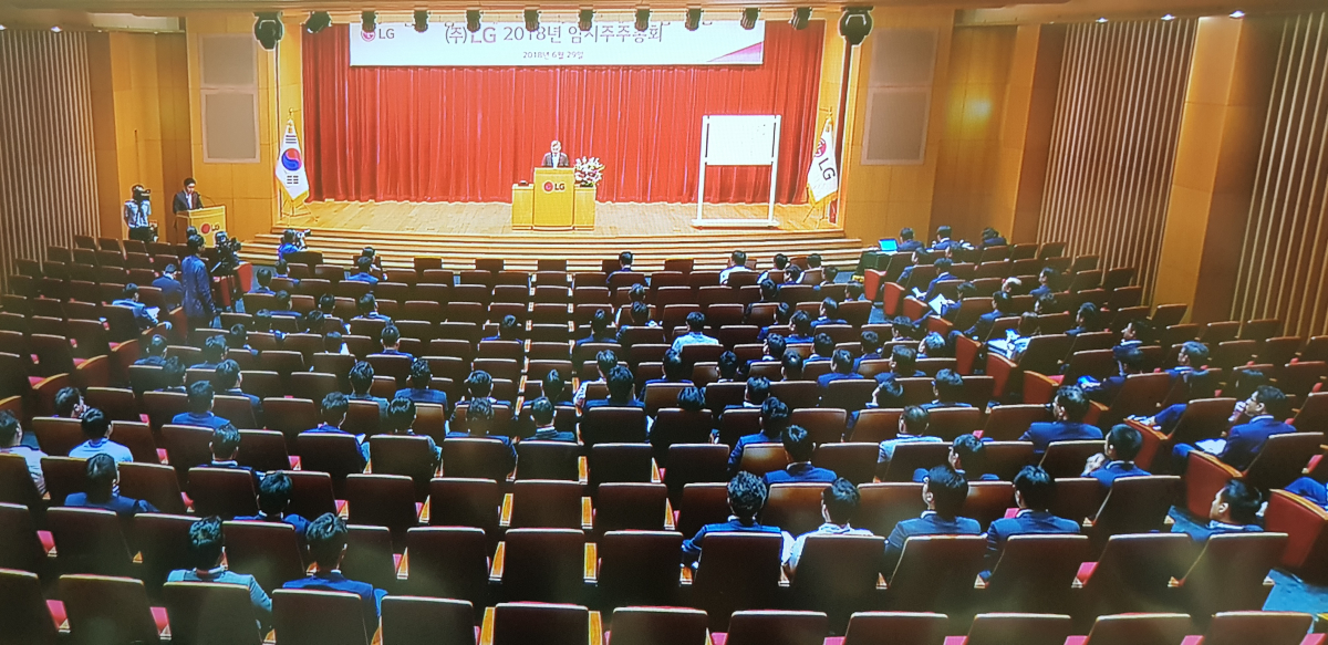 ▲하현회 ㈜LG 부회장이 29일 여의도 LG트윈타워에서 열린 임시 주주총회에서 발언하고 있다.(사진=송영록 기자 syr@)