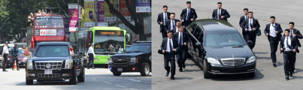 ▲도널드 트럼프 미국 대통령의 의전 차량인 '캐딜락 원'(왼쪽)과 김정은 북한 국무위원장의 의전 차량인 '메르세데스-마이바흐 S 600 풀만 가드'(연합뉴스)
