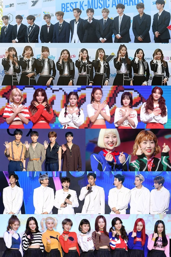 ▲그룹 워너원, 트와이스, AOA, 뉴이스트W, 볼빨간사춘기, 몬스타엑스, 모모랜드(사진=이앤피컴퍼니)