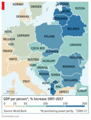 ▲1997~2007년 사이 유럽 국가별 1인당 국내총생산(GDP) 성장률. 단위 : %. 출처 : 이코노미스트
