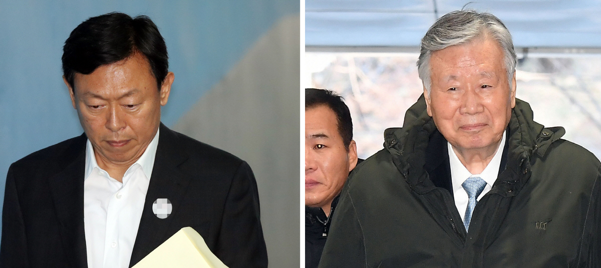 ▲구속 상태로 재판받은 신동빈(왼쪽) 롯데그룹 회장과 18일 보석으로 풀려난 이중근 부영그룹 회장.