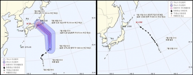 ▲제12호 태풍 '종다리' 예상진로(좌), 제11호 태풍 '우쿵' 예상진로.(사진제공=기상청)