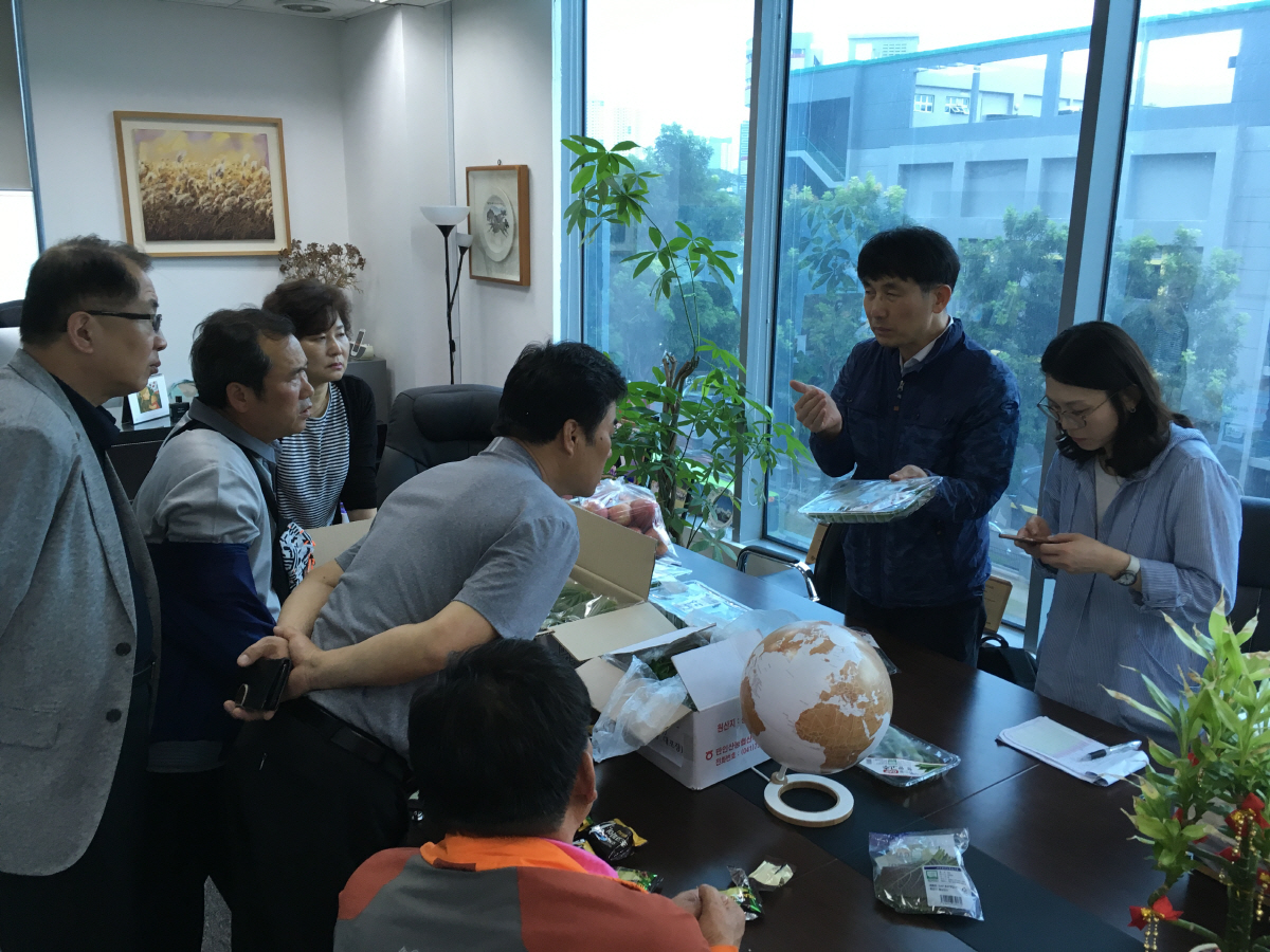 ▲농진청, 포천시, 무역업체 관계자들이 싱가포르에 도착한 한국 농산물의 신선도를 체크하고 있다. (농업진흥청)
