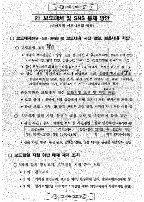 ▲국군기무사령부가 지난해 3월 작성한 '대비계획 세부자료' 문건에 포함된 '보도매체 및 SNS 통제 방안'(연합뉴스)