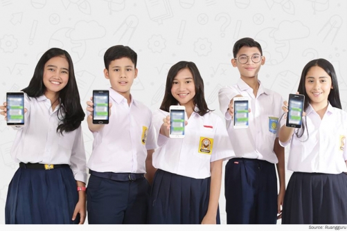 ▲인도네시아 학생들이 에듀테크 앱 루앙구루를 실행해 보여주고 있다. 제공=루앙구루
