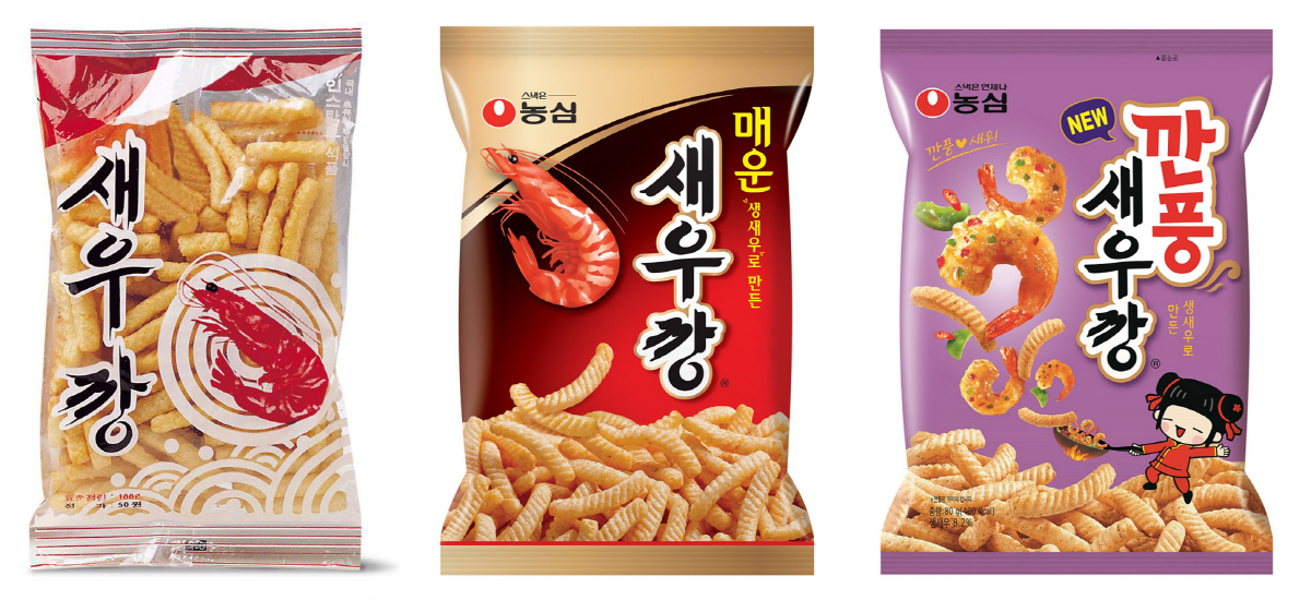 ▲1971년 첫 출시된 ‘새우깡’, 2000년 출시된 ‘매운새우깡’, 올해 5월에 출시된 신제품 ‘깐풍새우깡’(왼쪽부터).