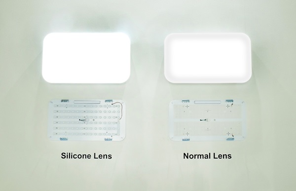 ▲실리콘 렌즈 적용 LED조명과 기존 일반 조명 비교(사진제공=아이엘 사이언스)
