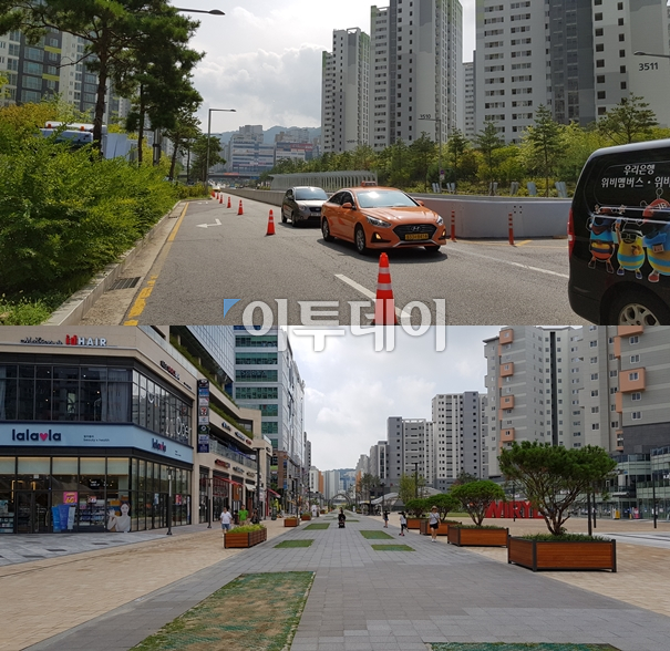 ▲위례신도시는 버스를 타고 신도시 한가운데서 내릴 수가 없다. 지상의 트램 노선 확보를 위해 지하차도(사진 위)를 만들어 두었기 때문이다. 이처럼 위례는 시작부터 트램을 염두에 두고 계획된 도시다. 사진 아래의 뻥 뚫린 길로 트램 노선이 계획돼 있고, 이 일대에 핵심 상권인 '트랜짓몰'이 위치해 있다.(김정웅 기자 cogito@)