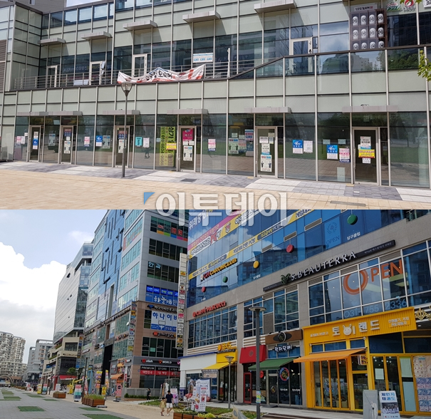 ▲13일 찾은 위례신도시의 핵심상권 '트랜짓몰'은 알려진 것처럼 전 지역이 공실로 가득한 유령도시는 아니었다. 다만 상권 서편의 주상복합 상가(사진 위)의 공실은 실제로 아주 심각한 수준이었고, 먼저 자리잡은 동편의 프라자형 상가(사진 아래)와는 확연한 차이를 보였다.(김정웅 기자 cogito@)