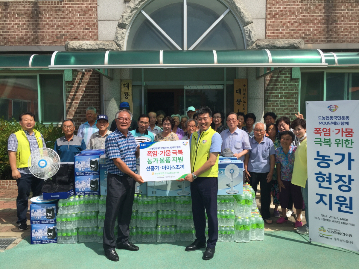 ▲농협 도농협동연수원 관계자들이 풀무원식품 임직원들과 14일 인천 강화군 대룡1리를 찾아 폭염으로 어려움을 겪는 주민들에게 물품을 지원한 후 기념촬영하고 있다. (사진제공 도농협동연수원)