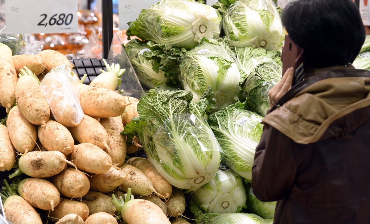 ▲서울 중구의 한 대형마트에서 시민들이 무와 배추를 살펴보며 통화를 하고 있다.(뉴시스)