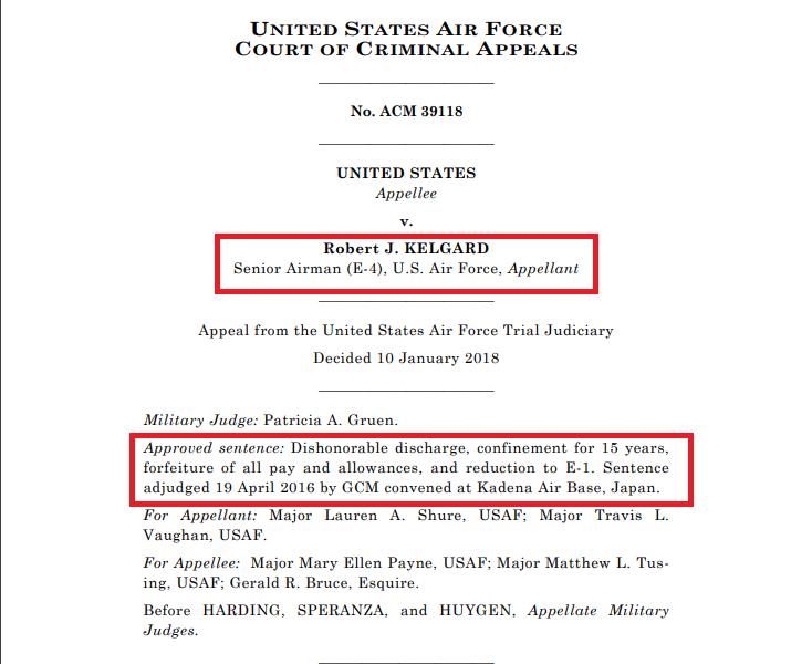 ▲로버트 켈가드 상병에 대한 미 공군 항소법원의 판결문.(연합뉴스)