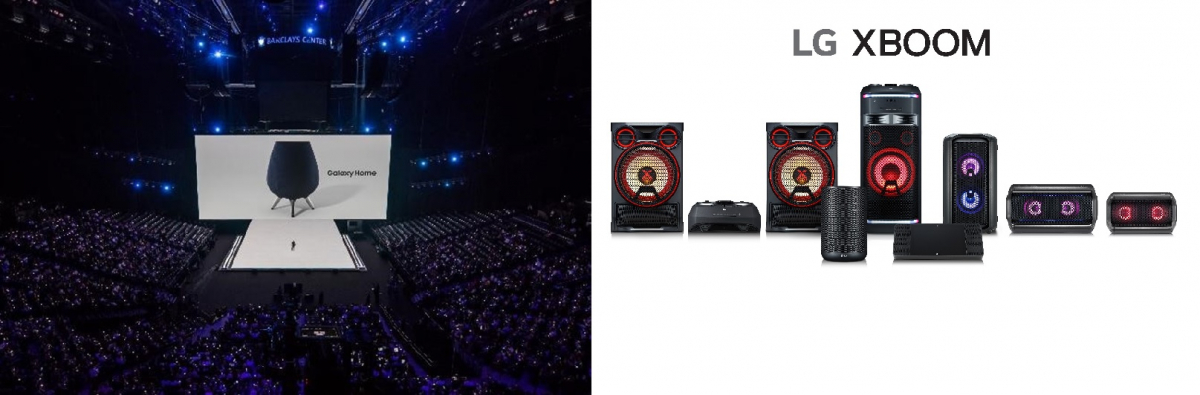 ▲삼성전자가 '갤럭시노트9' 언팩행사에서 공개한 빅스비 기반의 지능형 스피커 '갤럭시 홈'(왼쪽)과 LG전자의 무선스피커 ‘엑스붐 Go’ PK시리즈 및 ‘엑스붐 AI 씽큐'.(오른쪽)(사진제공 삼성전자, LG전자)
