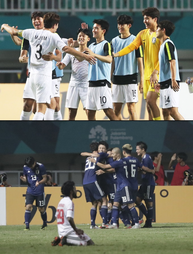 ▲한국 남자 축구 대표팀(위), 일본 대표팀.(AP/연합뉴스)