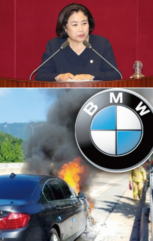 ▲BMW 화재사고가 잇따르는 가운데 국회 국토교통위원장인 박순자(자유한국당, 사진 위) 의원이 징벌적 손해배상 제도와 함께 '입증책임전환법'을 추진하겠다고 밝혔다. (연합뉴스)