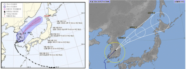 (출처=한국기상청(사진 왼쪽), 일본 기상청.)