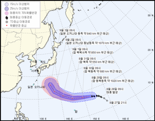 ▲제21호 태풍 제비 예상 경로.(출처=기상청)