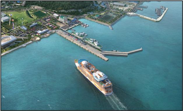 ▲부산 영도 동삼동에 22만 톤급 초대형 크루즈선이 머물 수 있는 크루즈 전용부두가 들어선다. 사진은 크루즈 전용부두 조감도.(해양수산부)