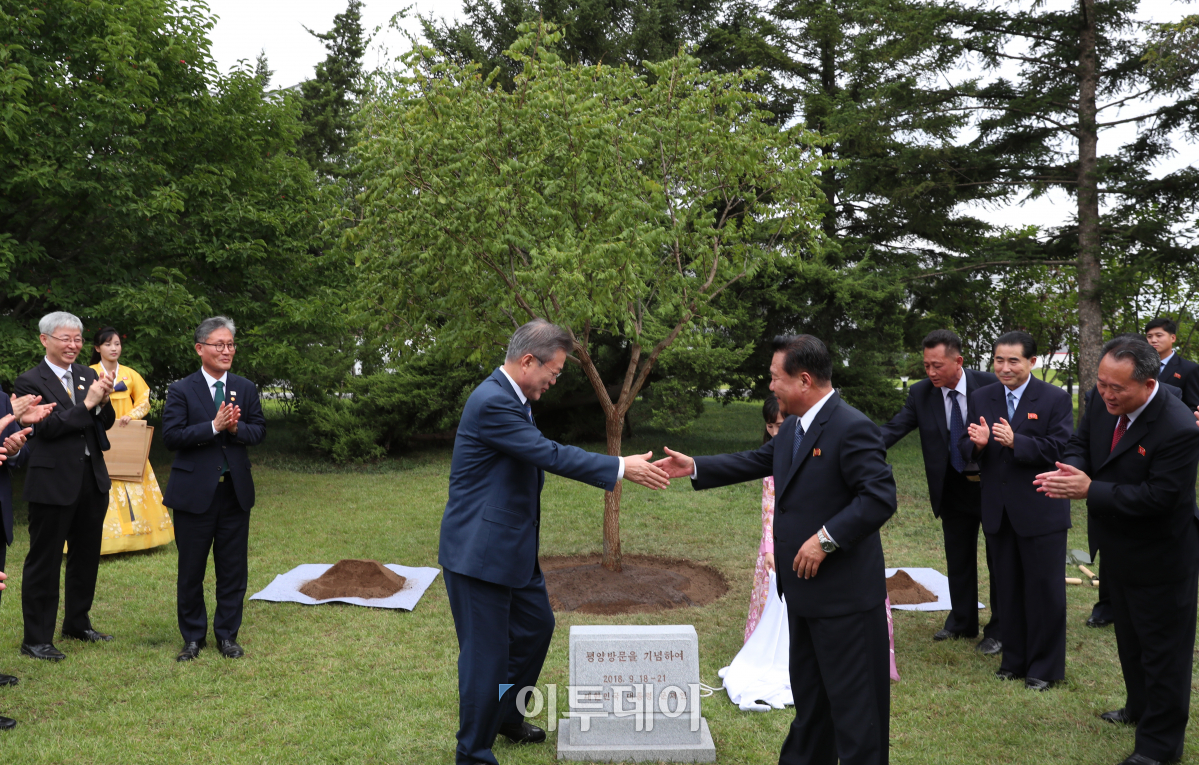 ▲문재인 대통령이 19일 오후 남북정상회담 숙소로 사용한 평양 백화원초대소에 남쪽에서 가져온 10년생 모감주나무를 심은 뒤 표지석을 덮은 천을 걷어낸 뒤 최룡해 노동당 부위원장 겸 조직지도부장과 악수하고 있다.(평양사진공동취재단)