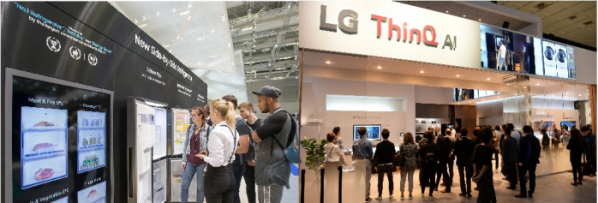 ▲독일 베를린에서 열린 유럽 최대 가전전시회 'IFA 2018'에 마련된 삼성전자(왼쪽)와 LG전자의 부스 전경.(사진제공 삼성전자·LG전자)