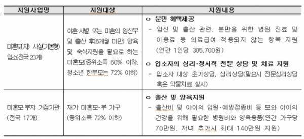 ▲저소득 미혼모를 대상으로 실시되고 있는 여성가족부 지원 내용.(자료제공=여성가족부)