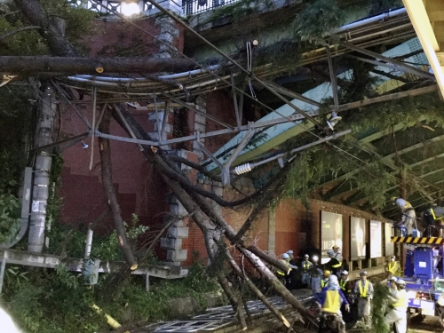▲1일(현지시간) 일본 도쿄에서 작업자들이 태풍 ‘짜미’의 영향으로 철로에 넘어진 나무를 치우고 있다. 현지 언론에 따르면 이번 태풍으로 항공 및 철도 운행이 중단됐으며 2명이 사망했다. 도쿄/EPA연합뉴스
