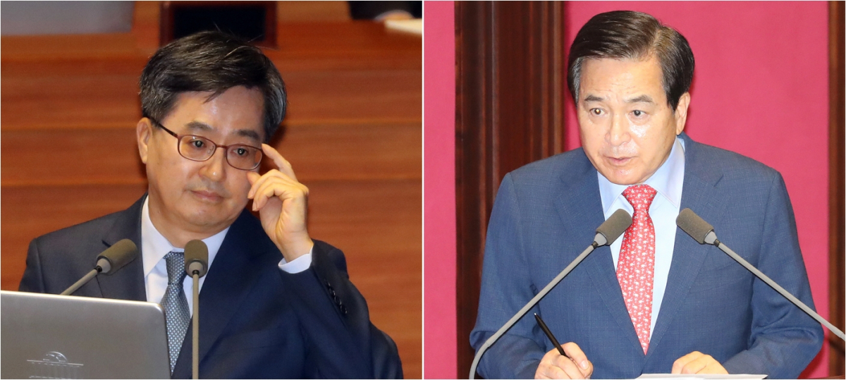 ▲김동연 경제부총리 겸 기획재정부 장관과 심재철 자유한국당 의원(사진=연합뉴스)