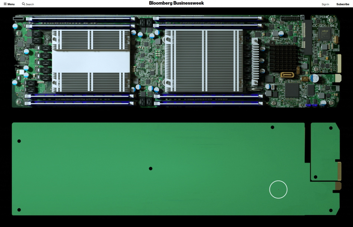 ▲서버 보드(위)에서 부품을 제거하자, 설계에 없던 스파이칩으로 추정되는 부품(아래 원안)이 발견됐다. (출처=블룸버그 비즈니스위크 홈페이지)
