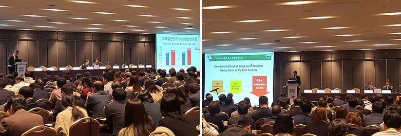 ▲지난 13일 대한심장학회 추계학술대회 산학세션에서 진행된 ‘아모잘탄 패밀리 심포지엄’에서 최웅길 교수(왼쪽 사진)와 최성훈 교수가 발표하고 있다.(사진제공=한미약품)