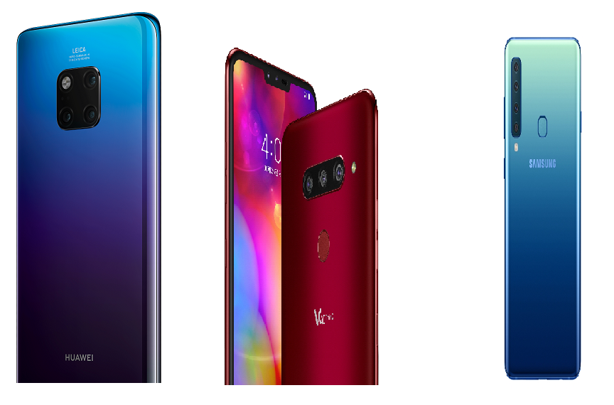 ▲왼쪽부터 화웨이 메이트 20 프로, LG전자 V40 씽큐, 삼성전자 갤럭시 A9(사진제공=화웨이, LG전자, 삼성전자 )