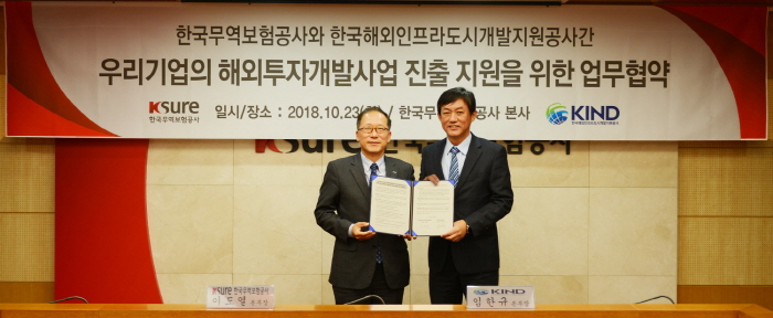 ▲이도열 한국무역보험공사 본부장과 임한규 한국해외인프라도시개발지원공사 본부장이 23일 서울 종로 무보 본사에서 우리기업의 해외투자개발사업 진출 지원을 위한 업무협약을 체결하고 기념 촬영을 하고 있다.(한국무역보험공사)