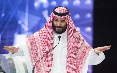 ▲24일(현지시간) 무하마드 빈 살만 사우디아라비아 왕세자가 사우디 리야드에서 열린 미래투자이니셔티브(FII) 패널 토의 중 발언하고 있다. 리야드/EPA연합뉴스
