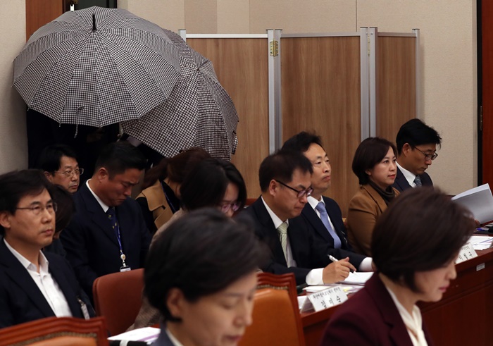 ▲30일 서울 영등포구 여의도 국회에서 열린 국회 여성가족위원회의 여성가족부 국정감사에서 가정폭력 피해자 유가족이 참고인으로 출석했다. 유가족의 완전 비공개 요청으로 참고인은 우산과 가림막으로 가려진 채 증언했다.(뉴시스)