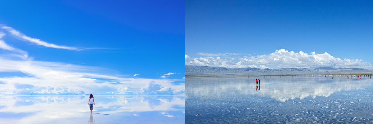 ▲볼리비아 '우유니 사막(좌)'과 중국 시닝 '차카염호(우)'.(이하 스카이스캐너)