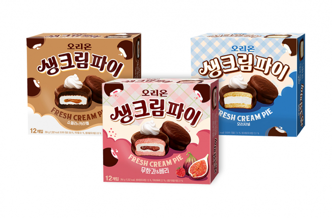 ▲오리온 ‘생크림파이 3종’ 제품 이미지.(사진제공=오리온)