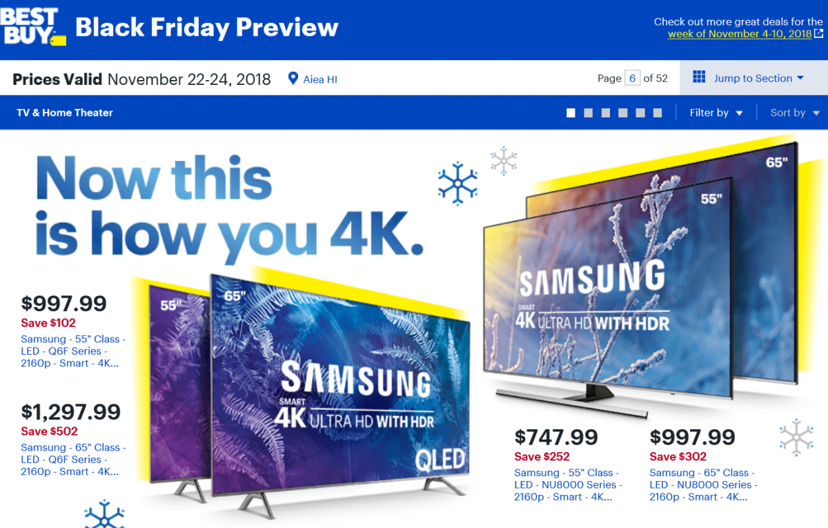 ▲오프라인 최대 유통매체 베스트 바이에서 진행하고 있는 블랙프라이데이 TV 할인행사 (출처=베스트 바이 홈페이지)