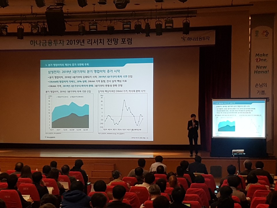 ▲이경민 연구원은 14일 '하나금융투자 2019년 리서치 전망 포럼'에서 국내 반도체 업종에 대해 내년 미국, 중국 대표 기술주들의 클라우드 서비스 시설투자 확대로 수혜를 볼 것으로 전망했다.(차민영 기자 blooming@)