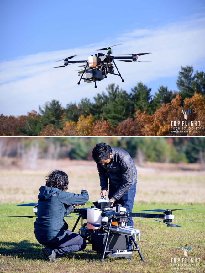 ▲현대차가 미국 드론 전문기업 '톱 플라이트'에 전략적 투자를 단행하고 고성능 드론을 활용한 차세대 이동수단에 대한 공동 연구를 진행하기로 했다. 사진은 톱 플라이트 직원이 가솔린 엔진을 탑재한 하이브리드형 드론을 테스트하고 있는 모습. (사진제공=현대차)
