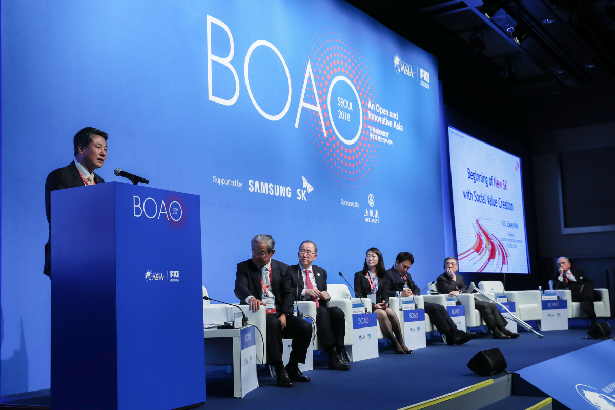 ▲20일 열린 '보아오 아시아포럼 서울회의 2018'에서 최광철 SK 사회공헌위원회 위원장이 발표하고 있다.(사진 제공=전국경제인연합회)