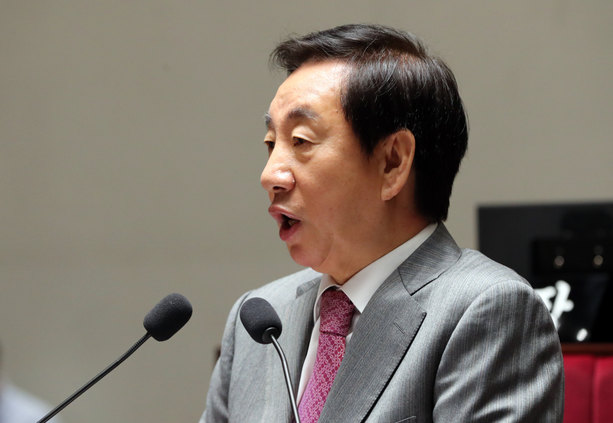 ▲자유한국당 김성태 원내대표가 23일 국회에서 열린 의원총회에서 발언하고 있다. (연합뉴스)