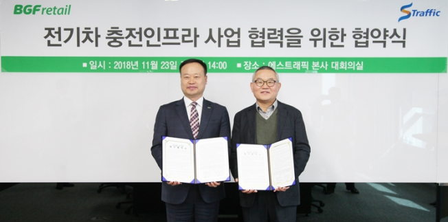 ▲BGF리테일 서유승 영업·개발부문장(왼쪽)와 에스트래픽 이재현 부사장(오른쪽).(사진제공=BGF리테일)