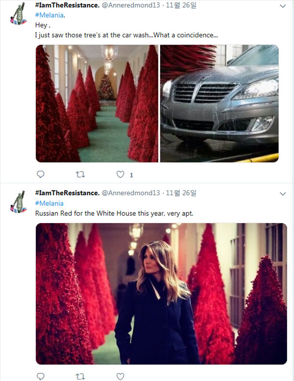 ▲빨간색 크리스마스 트리가 세차장의 빨간 걸레와 비슷하다며 비교한 사진.(출처=트위터)