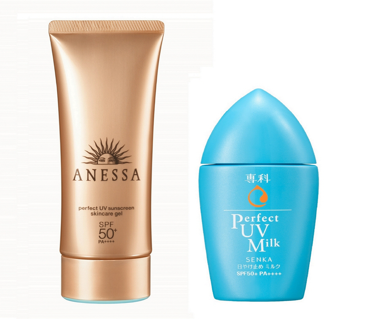 ▲(왼쪽부터) 아넷사 퍼펙트 UV 선스크린 스킨케어 젤, 센카 퍼펙트 UV 밀크.