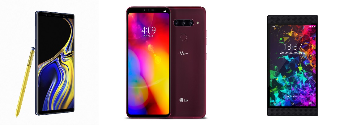 ▲왼쪽부터 삼성전자 갤럭시노트9, LG전자 LG V40 씽큐, 레이저 레이저폰 2 (사진제공=삼성전자, LG전자, 레이저 )