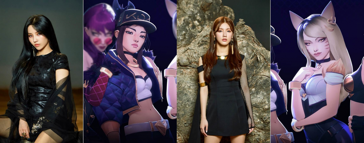 ▲K/DA 프로젝트에서 '소연'이 맡은 '아칼리'(왼쪽)과 '미연'이 맡은 '아리'. (출처=큐브엔터테인먼트, 라이엇게임즈)