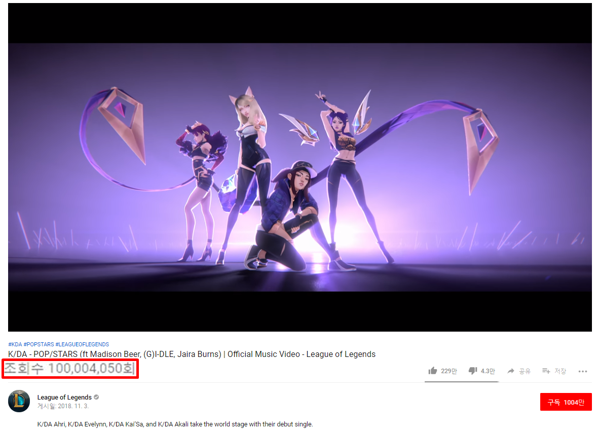 ▲4일 9시 10분께 한국 걸그룹 (여자)아이들의 멤버 소연, 미연이 참여한 게임 내 가상가수 프로젝트 K/DA의 유튜브 동영상 조회수가 1억을 돌파했다.(출처=유튜브 캡처)