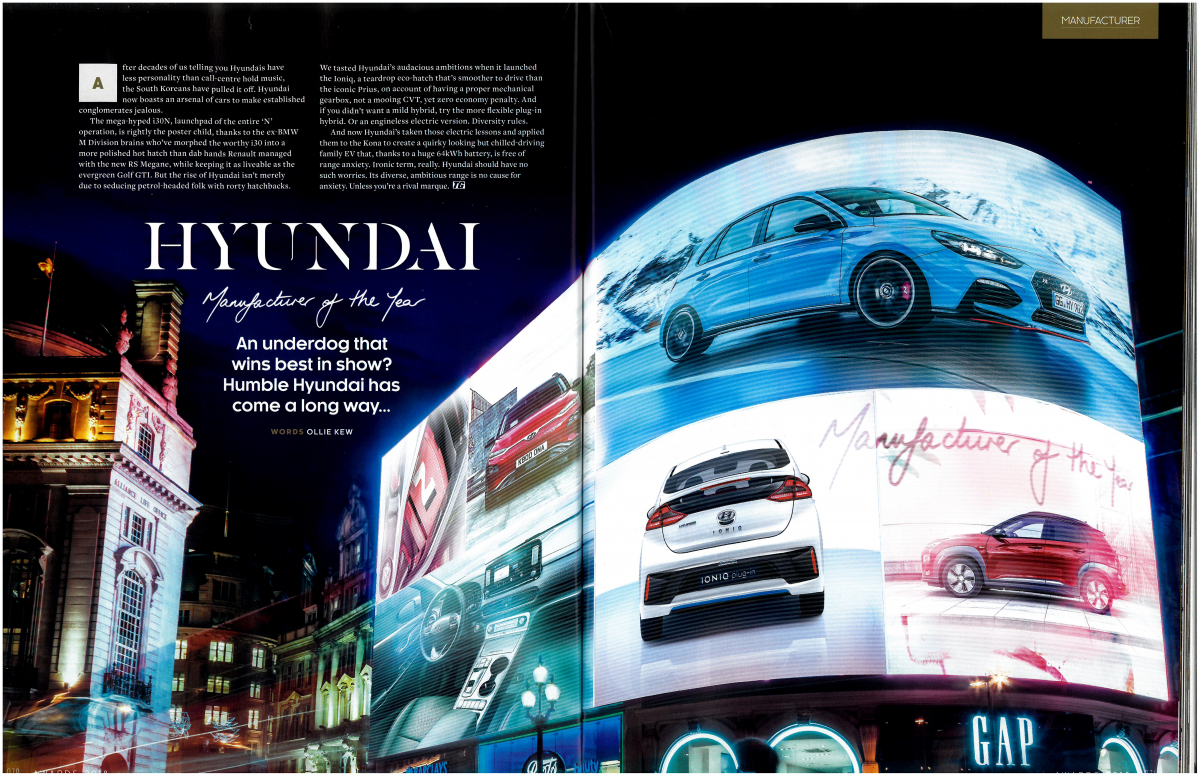 ▲영국 BBC 톱기어(Top Gear) 매거진이 현대차를 ‘올해의 자동차 메이커(Manufacturer of the year)’로 선정했다. 사진은 관련 특집기사의 모습. (사진제공=英BBC 톱기어)