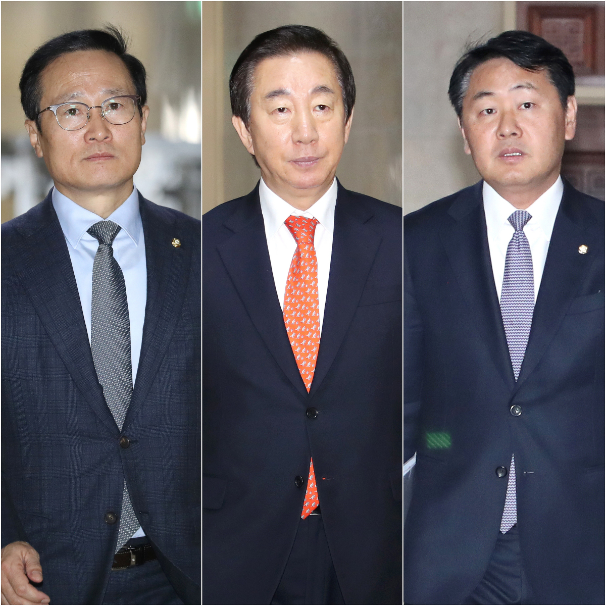 ▲더불어민주당 홍영표(사진 왼쪽부터), 자유한국당 김성태, 바른미래당 김관영 원내대표가 5일 오전 국회에서 교섭단체 원내대표 회동을 위해 운영위원장실로 향하고 있다. (연합뉴스)